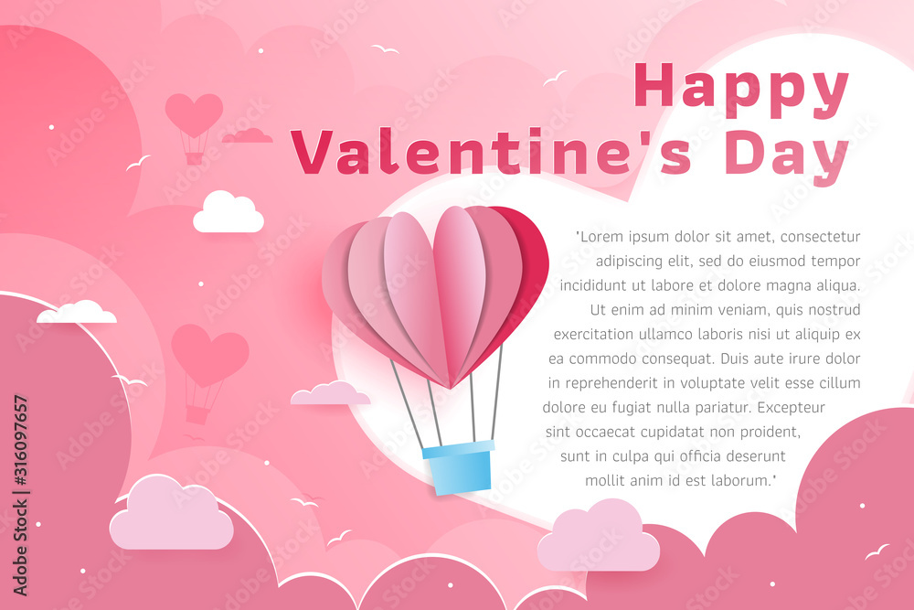 Illustration Love Valentine Day Card. Happy Valentine's Day banner in paper art style. Holiday background with paper hearts and clouds. Valentines card with balloon in paper cut style vector. 