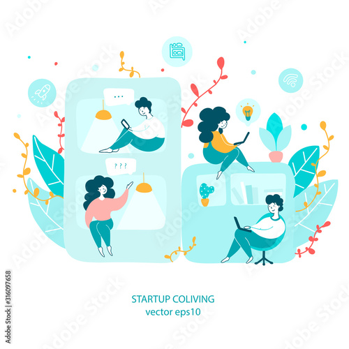 Startup coliving concept hand drawn vector illustration