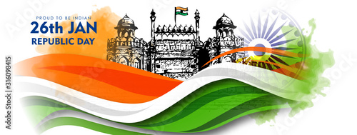 Illustration of wave abstract of Happy Indian Republic day celebration poster or banner background with text 26 January and Indian Flag 