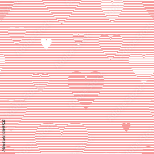 Pastel colored pink simple cute striped hearts subtle seamless pattern, valentine's day illustration, vector