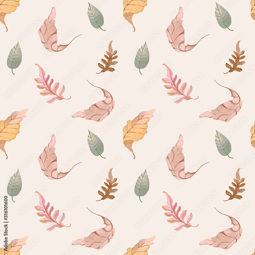 Seamless pattern watercolor illustration hand painting forest leaves flowers seeds winter autumn fall wrapping fabric wallpaper textile bed linen