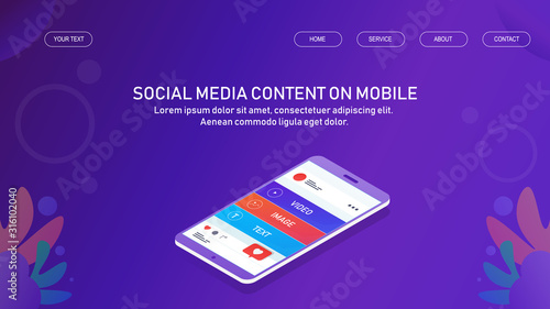 Social media content displaying on smartphone, digital and multimedia content, marketing technology concept. Isometric web banner with text.