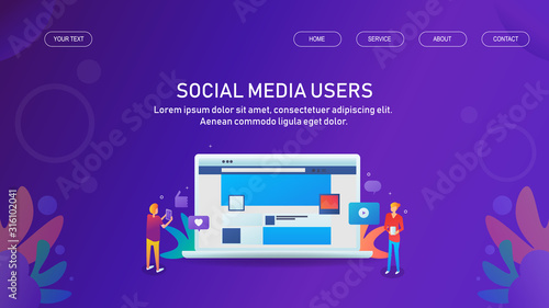 Social media users, people engage with friends via social networking, online chat and communication, interaction app concept. Web banner and landing page template with text.