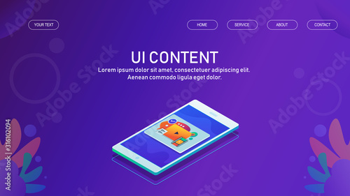 Multimedia content on mobile screen, user interaction concept, isometric design. Web banner and landing page template with text.