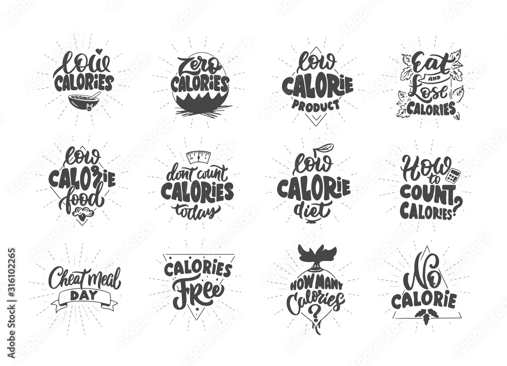 No calories, Zero calories, Low calories product, . Set of vintage retro handmade badges, labels and logo elements, symbols, phrases, slogans No calories, Zero calories, Low calories product, . Set of vintage retro handmade badges, labels and logo elements, symbols, phrases, slogans