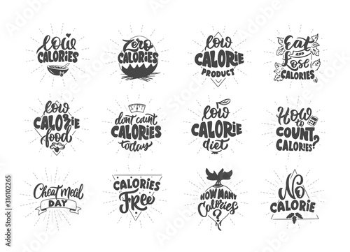 No calories, Zero calories, Low calories product, . Set of vintage retro handmade badges, labels and logo elements, symbols, phrases, slogans