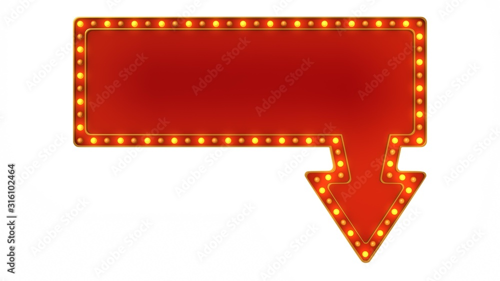 Arrow marquee light board sign retro on white background. 3d rendering