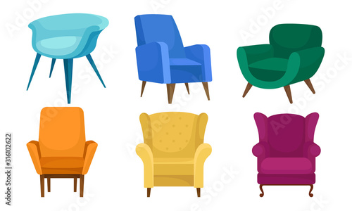 Soft Armchairs Vector Set. Colorful Furniture for Home Interior