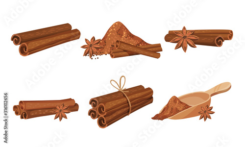 Cinnamon Sticks and Powdered Condiment Poured in Ceramic Bowl Vector Set