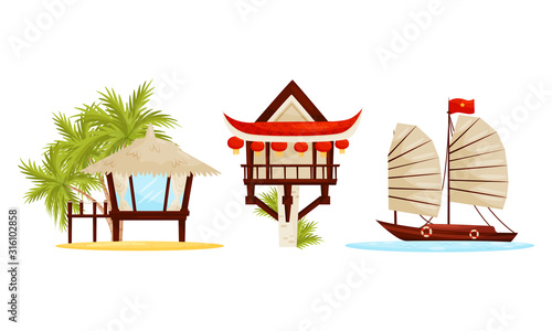 Asian Resort and Holiday Symbols with Water Transport and Beach Hut with Straw Roof Vector Set