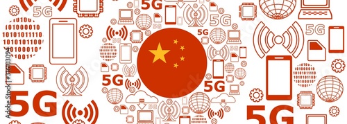 Mobile gadgets technology relative vector image. Circle frame with technology thin line icons. 5G Network Symbol. Flag of the China