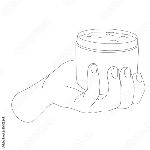 female hand holding a jar of cream contour vector illustration