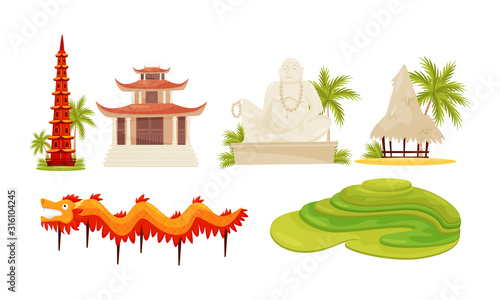 Travel to Vietnam. Traditional Cultural Symbols and Sights with Buddha Statue and Pagoda