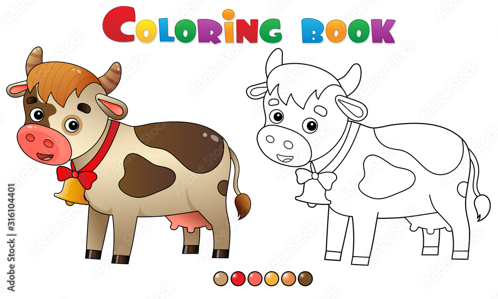 Obraz premium Coloring Page Outline of cartoon cow with bell. Farm animals. Coloring book for kids.