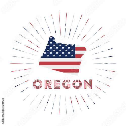 Oregon sunburst badge. The US state sign with a map of Oregon with the American flag. Colorful rays around the logo. Vector illustration.