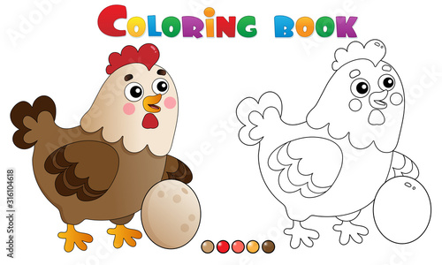 Coloring Page Outline of cartoon chicken or hen with egg. Farm animals. Coloring book for kids.