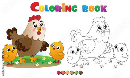 Coloring Page Outline of cartoon chicken or hen with chicks. Farm animals. Coloring book for kids.