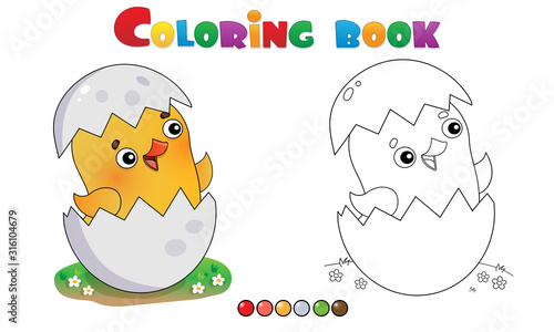 Coloring Page Outline of cartoon chick with egg. Farm animals. Coloring book for kids.
