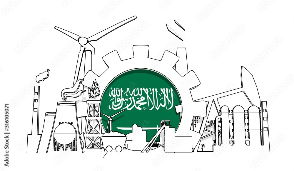Energy and power industrial concept. Gear with flag of the Saudi Arabia. Energy generation and heavy industry. 3D rendering. Thin line style