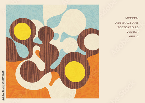 Mid Century Abstract Illustration in retro colors. Organic shapes with patterns and textures. For postcards, posters, artwork and decor. Eps10 vector.