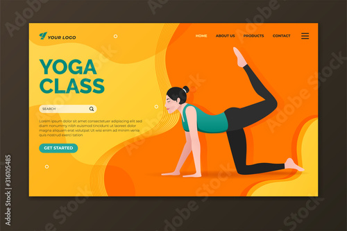 Yoga class landing page template. Woman doing half bow pose. Web page design for website and mobile website