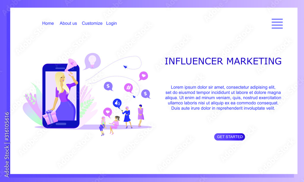 Social media influencer marketing concept. Influence opinion leader. Beauty blogger woman with loudspeaker broadcasts from the mobile screen. Concept of referral marketing. Group of  consumers. 