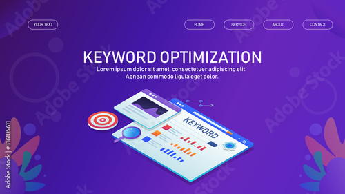 Keyword optimization, seo keyword analysis, research and targeting right keyword for search engine campaign, isometric design, web banner template.
