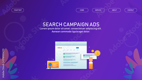 Search engine marketing, ppc advertising campaign, paid media content, search ads and new customer engagement concept. Web banner and landing page template with text.