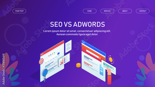 Seo and ppc comparison, digital marketing strategy, business, technology, online advertising and search optimization, isometric design concept. Web banner template.