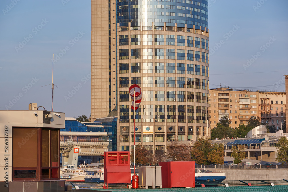 Moscow, Russia - September 12, 2019: view from the Presnenskaya embankment to the Bagration business center. Boats on the Moscow River