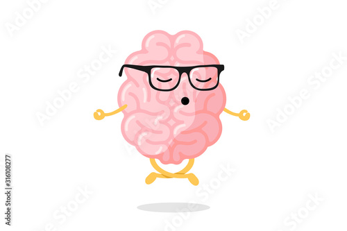 Cute cartoon smart human brain character with glasses relaxation meditate concept. Central nervous system organ meditation in lotus yoga pose. Relax concept vector illustration