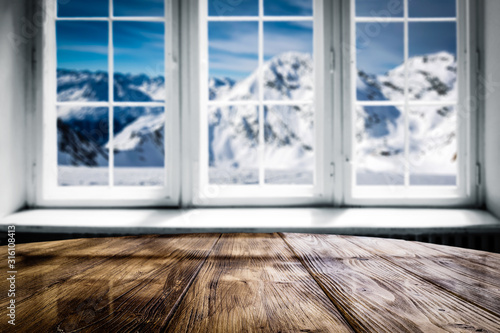 Desk of free space and winter window 