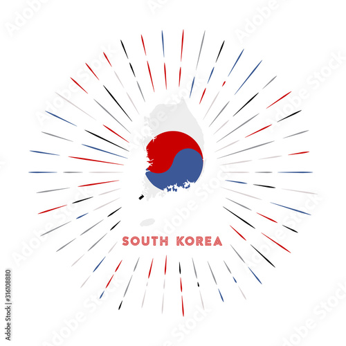 South Korea sunburst badge. The country sign with a map of South Korea and the South Korean flag. Colorful rays around the logo. Vector illustration.