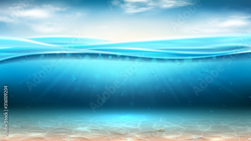 Realistic sea landscape with waves. Vector illustration. Realistic marine scene with sunbeams and sea bottom. Banner with horizontal ocean water surface and clouds.