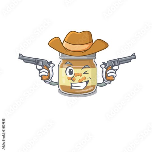 Peanut butter dressed as a Cowboy having guns
