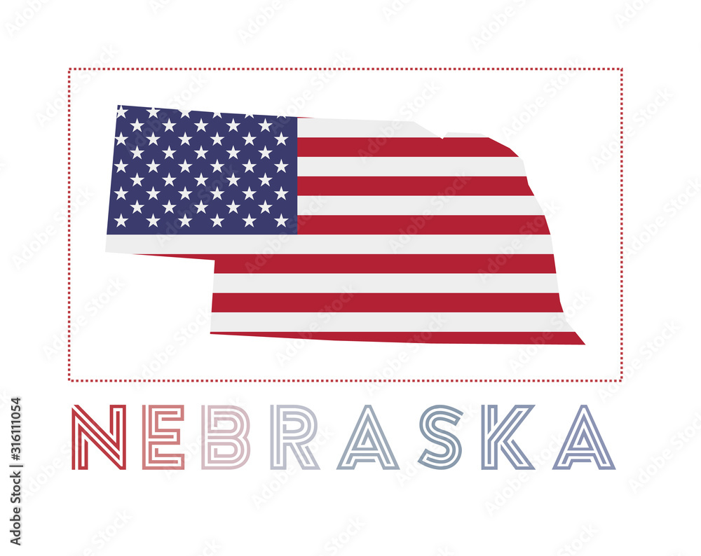 Fototapeta premium Nebraska Logo. Map of Nebraska with US state name and flag. Trendy vector illustration.