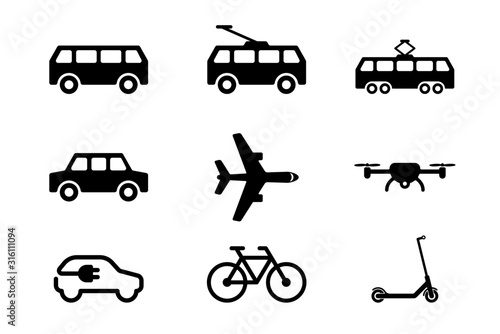 Public transport black icon set on white background