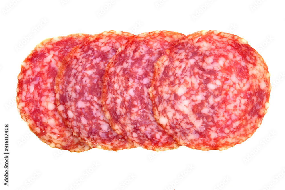 Salami sausage slices isolated on white background Salami sausage slices isolated on white background