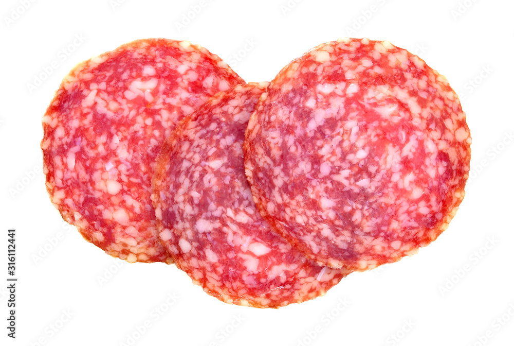 Salami sausage slices isolated on white background Salami sausage slices isolated on white background