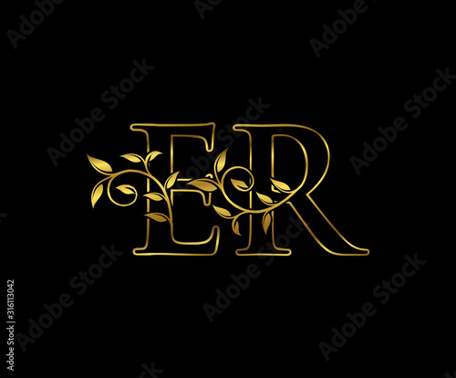 Golden E, R and ER Luxury Letter Logo Design