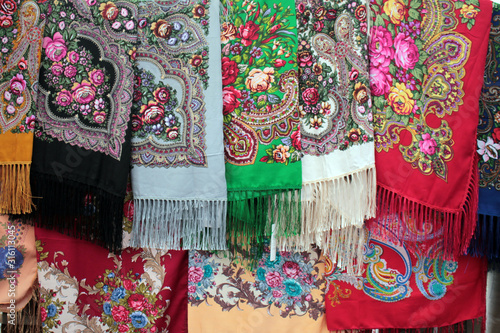  Traditional folk Russian bright shawls.