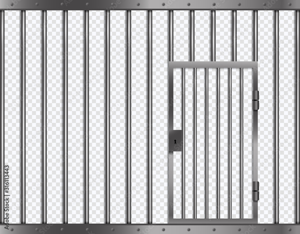 Jail lattice with door in prison. Isolated jail metallic bars frame with lock. Vector 3d illustration.