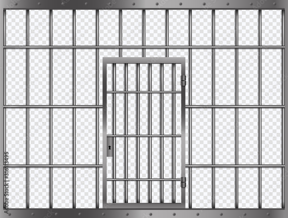Jail lattice with door in prison. Isolated jail metallic bars frame