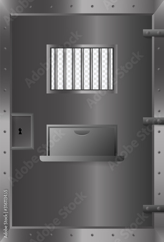 Jail door in prison with lock. Isolated jail metallic bars window. Vector 3d illustration.