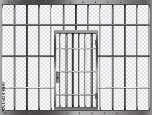 Jail lattice with door in prison. Isolated jail metallic bars frame with lock. Vector 3d illustration.