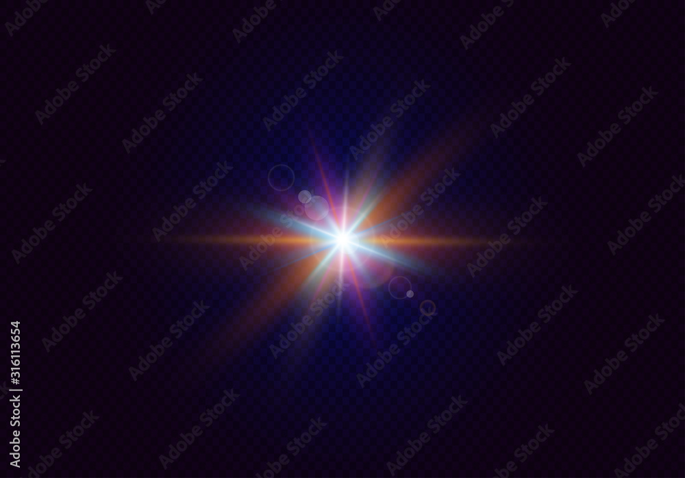 Glowing lens flares. Flash with colorful twinkle effect. Realistic light with rays. Vector illustration.