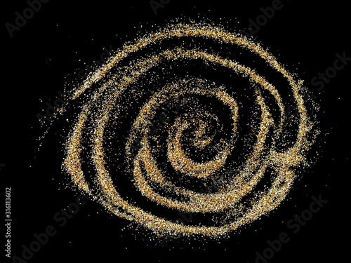 Abstract sand cloud and Golden sand explosion isolated on black background. Pile sand beach isolated on black background. Sand dunes isolated on black background. photo