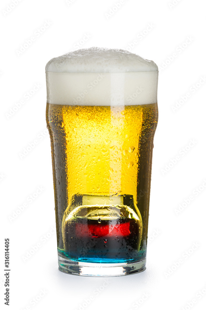 Deepbomb cocktail of beer, liquor and vodka, with a thick cap of foam