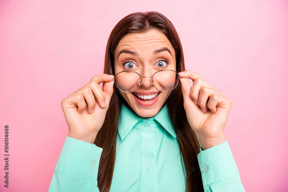 Closeup photo of charming lady not believe eyes taking off glasses can see perfectly without lens wear specs teal shirt with collar isolated pink color background - obrazy, fototapety, plakaty 
