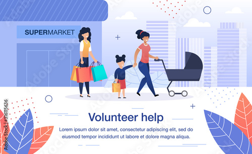 Volunteer Help for Single Parents Trendy Flat Vector Banner, Poster Template. Female Volunteer, Social Worker Going on Shopping with Mother and Children, Helping Woman in Daily Routine Illustration